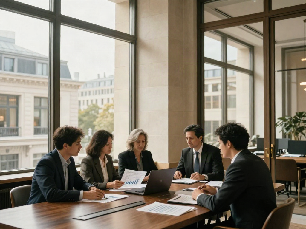 Professionals examining business analytics together in a sunlit strategy review session